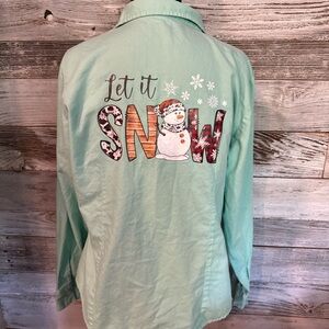 Lee Mint Green Button Down Shirt with Snowman Design